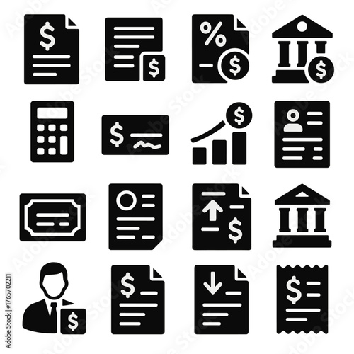 Taxation and Salary Icons. Salary and taxation icons in silhouette. Tax form, payslip, tax deduction, IRS building, calculator, refund check, tax