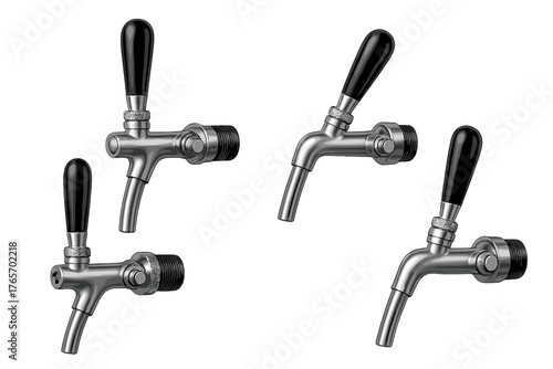 Four realistic chrome beer tap faucets with black handles isolated on white background