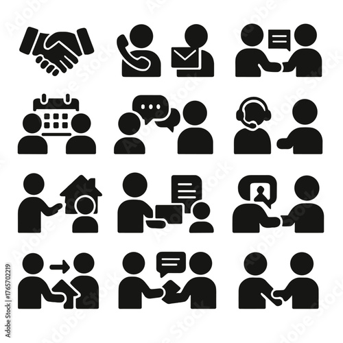 Realty Relations Icons. Realty client and agent relations icons in silhouette. Handshake, phone call, email, contract signing, calendar meeting, chat
