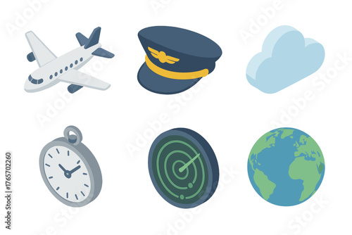 Aviation Icon Set. Aviation logbook flat icons: airplane, pilot hat, cloud, stopwatch, radar, globe.