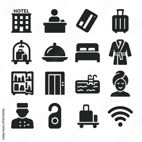 Hotel Icon Set. Hotel building, reception desk, key card, suitcase, bellhop trolley, room service tray, bed, bathrobe, minibar, elevator, swimming