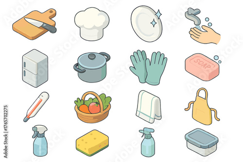 Food Hygiene Icons. Food Hygiene flat icons: cutting board, knife, chef hat, clean plate, handwashing icon, refrigerator, cooking pot, gloves, soap bar, thermometer, basket of
