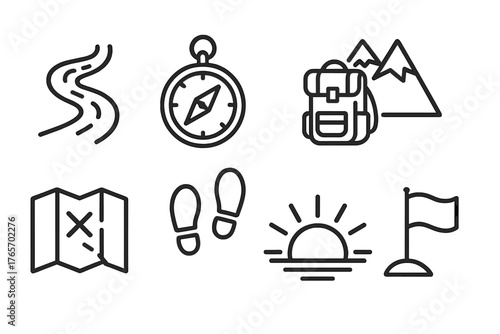 Journey Icon Set. Journey Concept outline set: winding road, compass, backpack, mountain peak, map, footprints, sunrise, destination flag.,