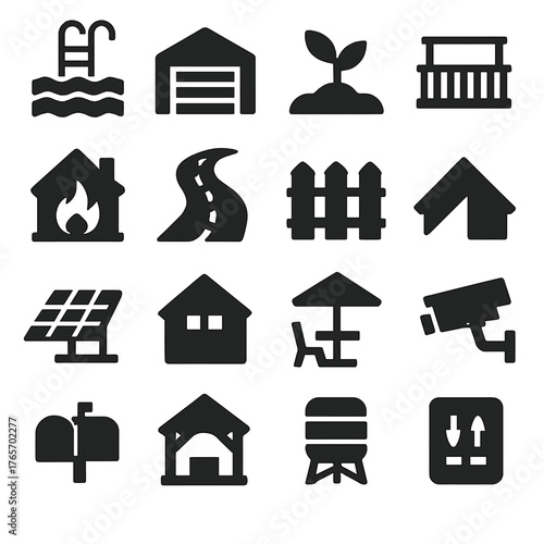 Property Icon Set. Property features and amenities icons in silhouette. Swimming pool, garage, garden, balcony, fireplace, driveway, fence, roof