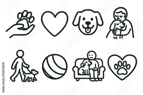 Human and Pet Icons. Human & Pet Connection linear set: hand with paw, heart icon, smiling pet, cuddle pose, leash walk, toy ball, sofa scene, love symbol.