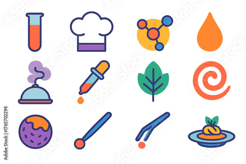 Modern Culinary Icons. Experimental Cuisine flat icons: test tube, chef hat, molecular plate, sauce drop, smoke effect, pipette, glass dome, garnish leaf, artistic swirl, truffle,