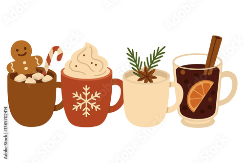Four cozy winter holiday drinks collection featuring hot chocolate, eggnog, and mulled wine with festive spices