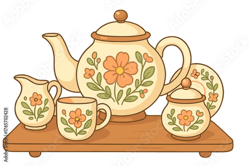 Retro floral patterned ceramic tea set displayed on a rustic wooden shelf