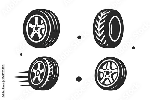 Collection of monochrome automotive wheel and tire symbols showing various treads and rims