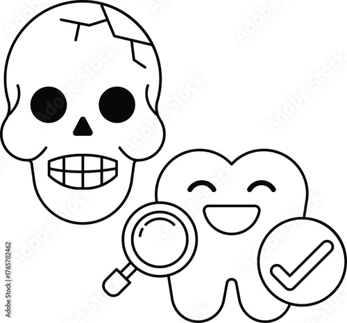 A skull and a tooth are drawn in black and white