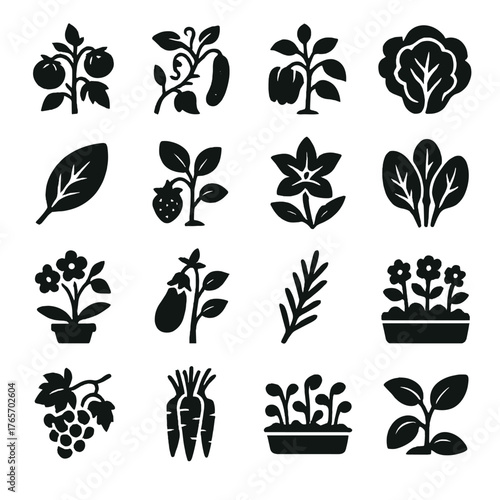 Greenhouse Plant Icons. Greenhouse tools and equipment icons in silhouette. Watering can, grow light, planting tray, seed starter kit, pruning shears