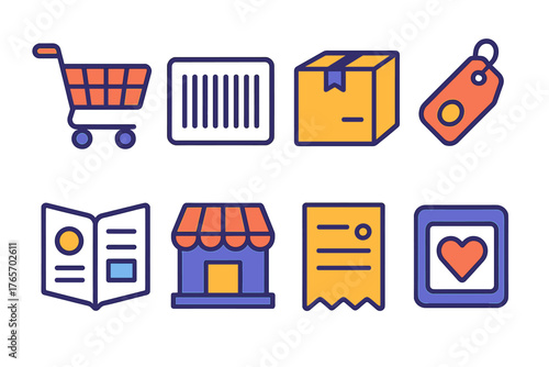 E-commerce Icon Set. E-commerce Search Scope flat icons: shopping cart, barcode, product box, price tag, catalog book, store building, receipt, wishlist heart.