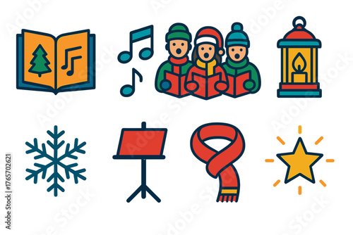 Christmas Carol Icons. Christmas Market Carol Singing flat icons: songbook, musical notes, group of singers, candle lantern, snowflake, music stand, scarf, glowing star., , High