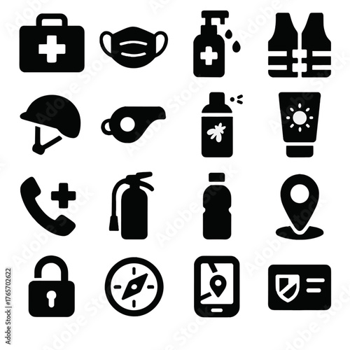 Travel Safety Icons. Travel safety and health icons in silhouette. First aid kit, face mask, sanitizer, life jacket, helmet, safety whistle, insect