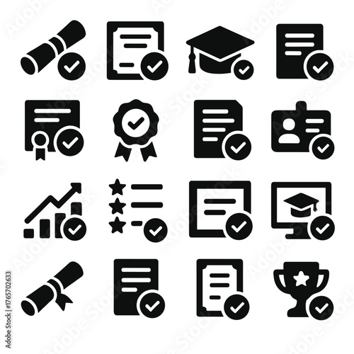 Educational Achievement Icons. Confirmation in education and certification icons in silhouette. Diploma issued, certificate seal, graduation cap