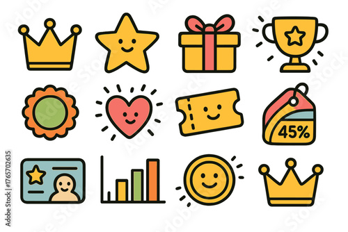 Whimsical Loyalty Icons. Whimsical Online Loyalty outline set: cartoon crown, smiling star, colorful gift box, doodle trophy, playful badge, confetti heart, cheerful ticket,