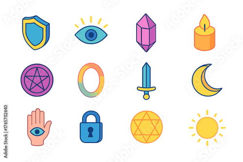 Spiritual Icon Set. Spiritual Protection Set flat icons: shield, eye symbol, crystal, candle flame, pentacle, aura ring, sword, moon, hand with eye, lock, sacred geometry, circle