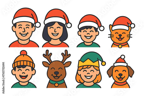 Festive Family Icons. Christmas Hat Family Fun flat icons: matching Santa hats, kids’ beanies, pet hat, reindeer antlers, elf cap, smiling faces, group photo, laughter lines.