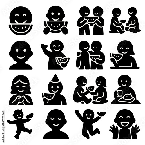 Watermelon Picnic Icons. Watermelon emotions and social moments icons in silhouette. Happy face with watermelon, eating watermelon, sharing fruit