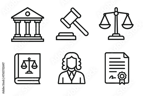 Legal Icons Set. Court of Law outline set: courthouse building, gavel, scales of justice, law book, judge icon, legal document.