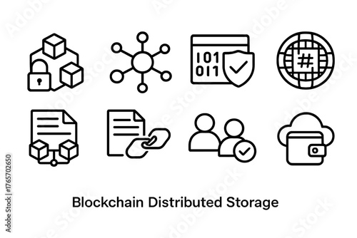 Blockchain Icon Set. Blockchain Distributed Storage outline set: encrypted block chain, decentralized node map, data integrity badge, hashing algorithm icon, immutable ledger file,