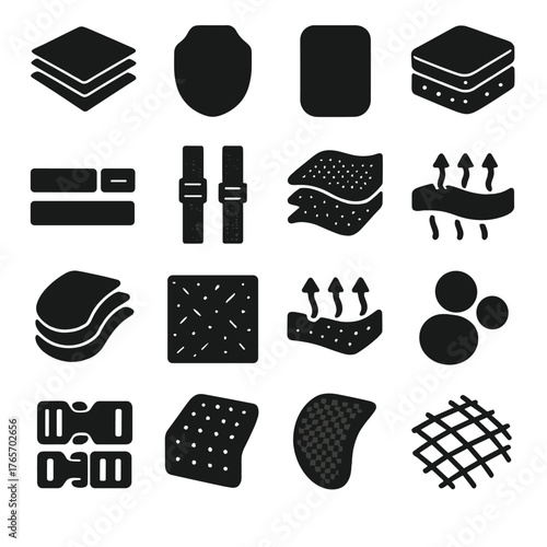 Body Armor Icons. Body Armor Components and Materials icons in silhouette. Kevlar fabric, ceramic plate, steel insert, foam padding, velcro straps