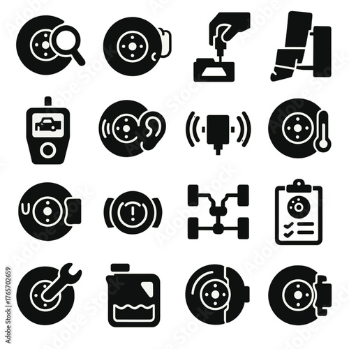 Brake Maintenance Icons. Brake monitoring and diagnostics icons in silhouette. Brake inspection, wear sensor, brake fluid test, brake pad thickness