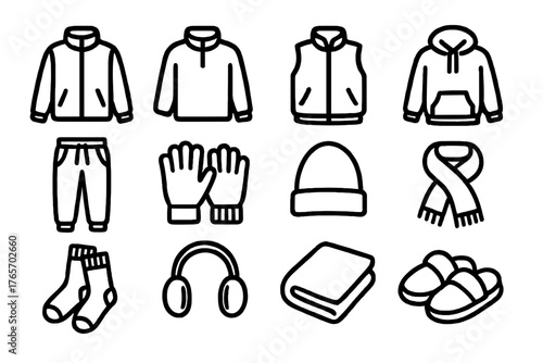 Fleece Essentials Icons. Fleece Essentials Clothing — Bright Flat Icons outline set: fleece jacket, pullover, vest, hoodie, joggers, gloves, beanie, scarf, socks, earmuffs, blanket
