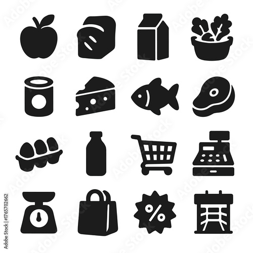Minimalist Grocery Icons. Grocery shopping icons in silhouette. Apple, bread loaf, milk carton, vegetable basket, canned goods, cheese wedge, fish