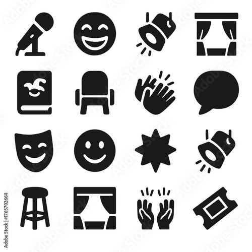Comedy Icon Set. Comedy show icons in silhouette. Microphone, laughing face, spotlight, stage, joke book, audience chair, clapping hands, punchline