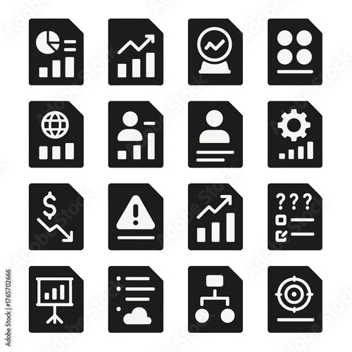 Business Icons Collection. Market analysis reports and documents icons in silhouette. Financial report, sales report, market forecast, SWOT report