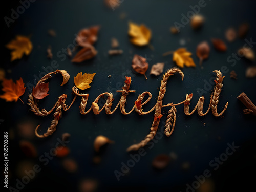 Textured 'Grateful' lettering made from natural elements with scattered autumn leaves on a dark background, symbolizing gratitude and appreciation.