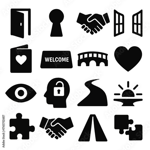 Symbolic Entry Icons. Emotional and metaphorical entry icons in silhouette. Open door, keyhole, handshake, open gate, invitation card, welcome mat