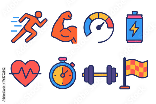 Peak Fitness Icons. Peak Fitness flat icons: sprinting figure, muscle flex, speed gauge, energy drink, heart rate monitor, timer, gym weights, finish flag., , High resolution,
