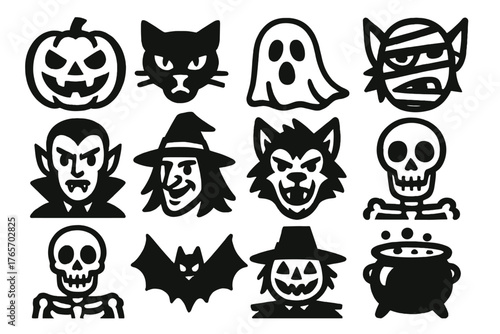 Brutalist Halloween Icons. Halloween Mascots silhouette set: Jack-o’-lantern, black cat, ghost, vampire, witch, werewolf, mummy, skeleton, bat, scarecrow, spider, cauldron.
