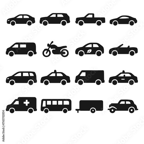 Vehicle Icons Silhouettes. Car types and vehicles serviced icons in silhouette. Sedan, SUV, pickup truck, sports car, van, motorcycle, electric car