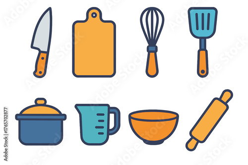 Vibrant Kitchen Icons. Kitchen Tools flat icons: chef’s knife, cutting board, whisk, spatula, saucepan, measuring cup, mixing bowl, rolling pin.