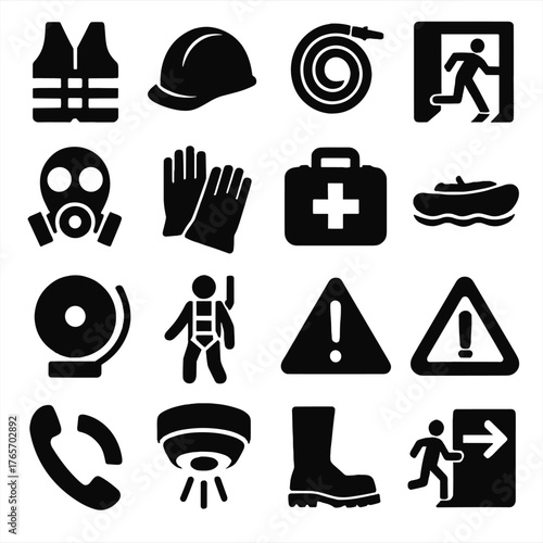 Offshore Safety Icons. Offshore platform safety icons in silhouette. Life jacket, hard hat, fire hose, emergency exit, gas mask, safety gloves, first