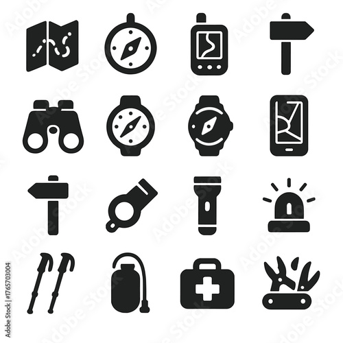 Hiking Tools Silhouette Icons. Hiking navigation and tools icons in silhouette. Map, compass, GPS device, trail marker, binoculars, altimeter, watch