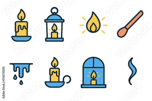 Candlelight Icon Set. Candlelight Glow — serene outline icons flat icons: single candle, lantern, glowing flame, matchstick, wax drips, candle holder, window light, rising smoke.