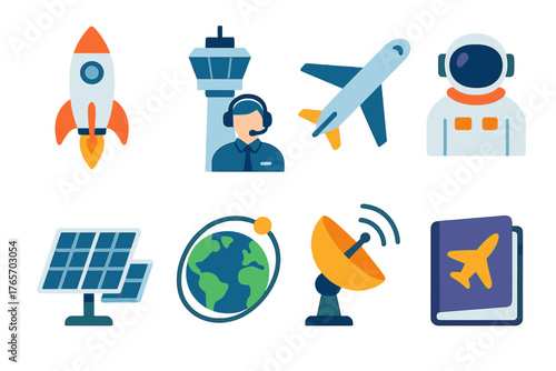 Aerospace Flat Icon Set. Aerospace Careers flat icons: rocket, air traffic control, jet plane, astronaut, solar panels, globe orbit, radar dish, flight manual.