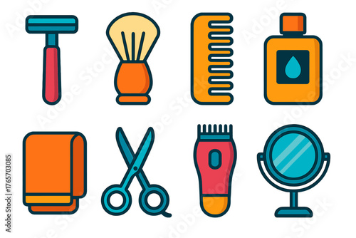 Men's Grooming Essentials. Men’s Grooming flat icons: razor, shaving brush, comb, aftershave, towel, scissors, clipper, mirror.