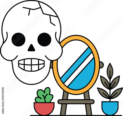 A skull is sitting on a table next to a mirror and a plant