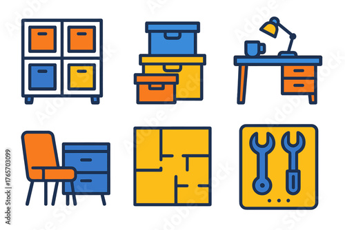 Modern Minimalist Space. Space Optimization flat icons: storage cubes, labeled boxes, desk layout, compact furniture, floor plan, organized tools., , High resolution, sharp