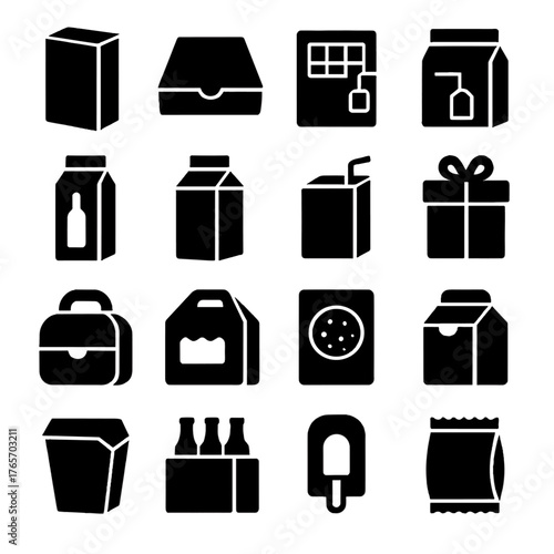 Food Box Icons. Food and drink boxes icons in silhouette. Cereal box, pizza box, chocolate box, tea box, wine box, milk carton box, juice box, candy