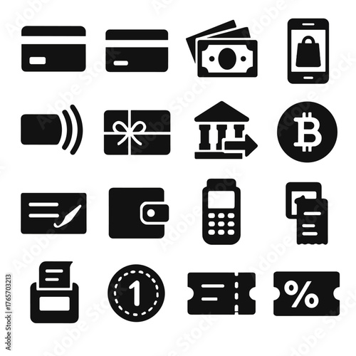Payment Method Icons. Shopping payment methods icons in silhouette. Credit card, debit card, cash money, mobile pay, contactless payment, gift card