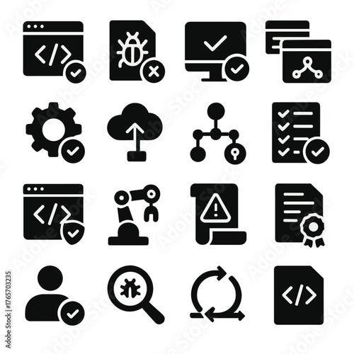Software Testing Icons. Validation in software development and testing icons in silhouette. Code review, bug report, unit testing, integration test