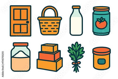 Minimalist Pantry Icons. Pantry flat icons: pantry door, wicker basket, milk bottle, canned vegetables, flour jar, stack of boxes, herb bundle, storage tin.