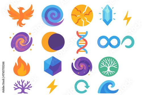 Cosmic Rebirth Icons. Transformative Change flat icons: phoenix, spiral portal, shattered glass, glowing crystal, cosmic swirl, eclipse, DNA strand, infinity loop, flame, shifting