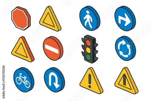 Isometric Traffic Sign Icons. Traffic Signs flat icons: stop sign, yield, speed limit, pedestrian, arrow, caution triangle, no entry, traffic light, roundabout, bicycle, u-turn,